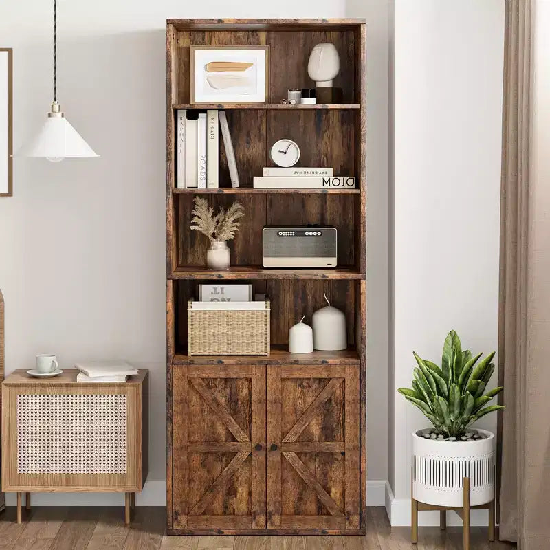 Estantería de granja con puertas de 30 cm de profundidad, estantes de almacenamiento de 181 cm de alto, librería industrial de madera, estanterías de 6 niveles para dormitorio
