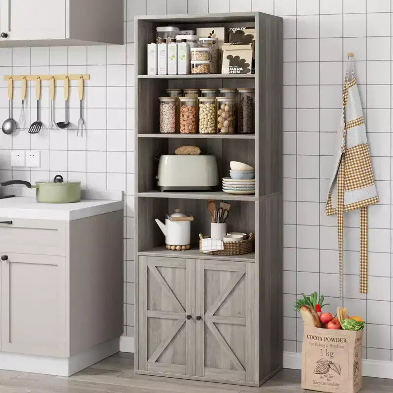 Estantería de granja con puertas de 30 cm de profundidad, estantes de almacenamiento de 181 cm de alto, librería industrial de madera, estanterías de 6 niveles para dormitorio