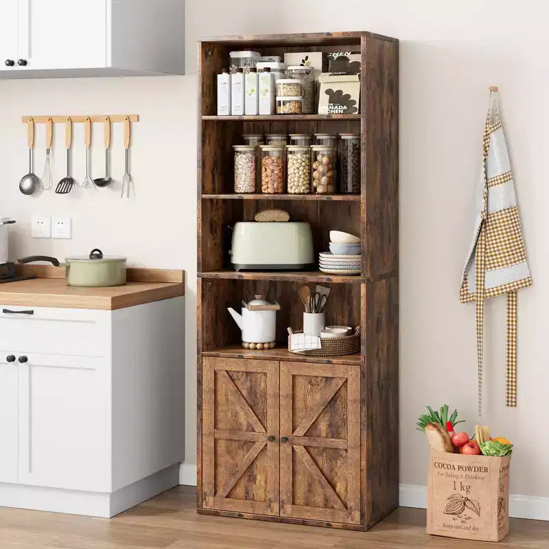 Estantería de granja con puertas de 30 cm de profundidad, estantes de almacenamiento de 181 cm de alto, librería industrial de madera, estanterías de 6 niveles para dormitorio