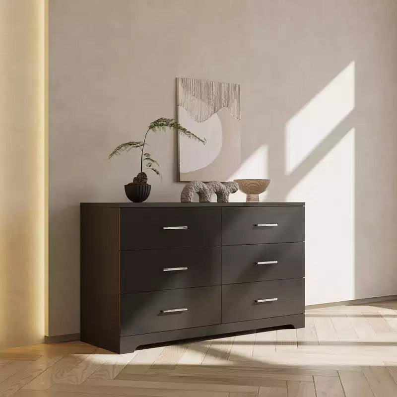 Cómoda Karl Home de 6 cajones, aglomerado negro, 120 cm de ancho