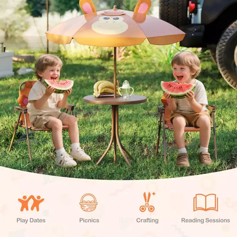 Mesa y Sillas de Picnic Infantiles Costway con 2 Sillas Plegables y Sombrilla de Altura Ajustable Marrón/Verde/Rosa