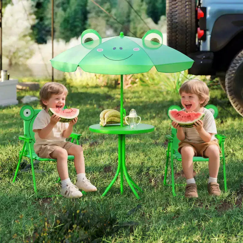 Mesa y Sillas de Picnic Infantiles Costway con 2 Sillas Plegables y Sombrilla de Altura Ajustable Marrón/Verde/Rosa