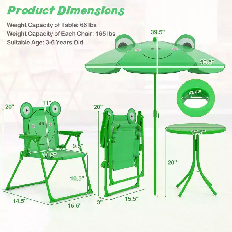 Mesa y Sillas de Picnic Infantiles Costway con 2 Sillas Plegables y Sombrilla de Altura Ajustable Marrón/Verde/Rosa