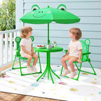 Mesa y Sillas de Picnic Infantiles Costway con 2 Sillas Plegables y Sombrilla de Altura Ajustable Marrón/Verde/Rosa
