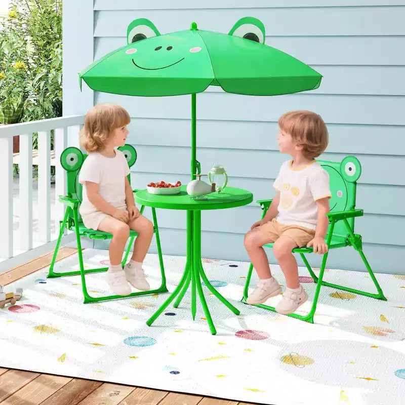 Mesa y Sillas de Picnic Infantiles Costway con 2 Sillas Plegables y Sombrilla de Altura Ajustable Marrón/Verde/Rosa