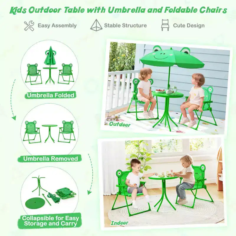 Mesa y Sillas de Picnic Infantiles Costway con 2 Sillas Plegables y Sombrilla de Altura Ajustable Marrón/Verde/Rosa