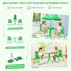 Mesa y Sillas de Picnic Infantiles Costway con 2 Sillas Plegables y Sombrilla de Altura Ajustable Marrón/Verde/Rosa
