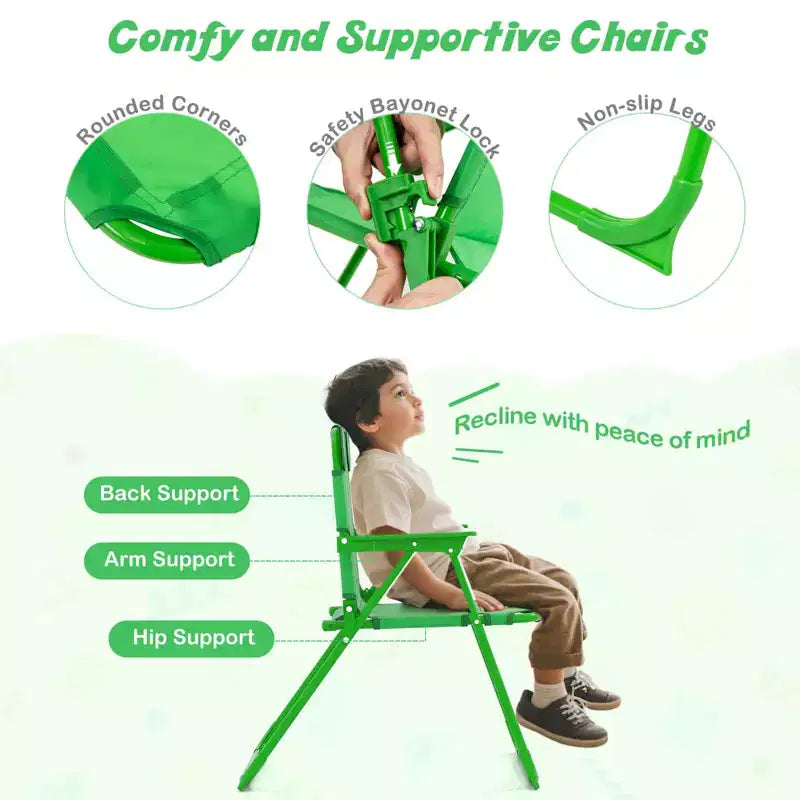 Mesa y Sillas de Picnic Infantiles Costway con 2 Sillas Plegables y Sombrilla de Altura Ajustable Marrón/Verde/Rosa