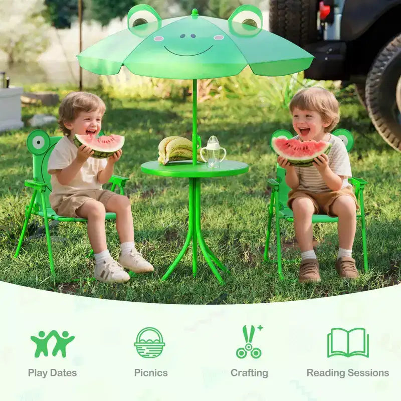 Mesa y Sillas de Picnic Infantiles Costway con 2 Sillas Plegables y Sombrilla de Altura Ajustable Marrón/Verde/Rosa
