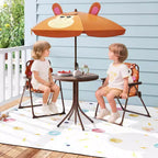 Mesa y Sillas de Picnic Infantiles Costway con 2 Sillas Plegables y Sombrilla de Altura Ajustable Marrón/Verde/Rosa