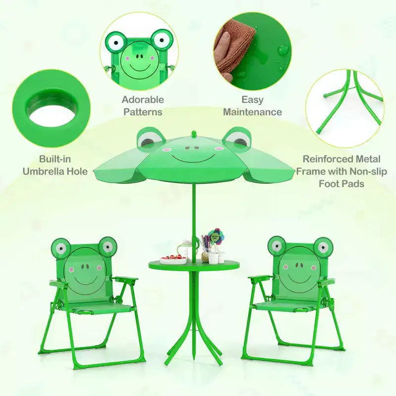 Mesa y Sillas de Picnic Infantiles Costway con 2 Sillas Plegables y Sombrilla de Altura Ajustable Marrón/Verde/Rosa