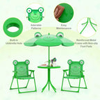 Mesa y Sillas de Picnic Infantiles Costway con 2 Sillas Plegables y Sombrilla de Altura Ajustable Marrón/Verde/Rosa