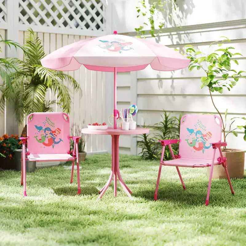 Mesa y Sillas de Picnic Infantiles Costway con 2 Sillas Plegables y Sombrilla de Altura Ajustable Marrón/Verde/Rosa
