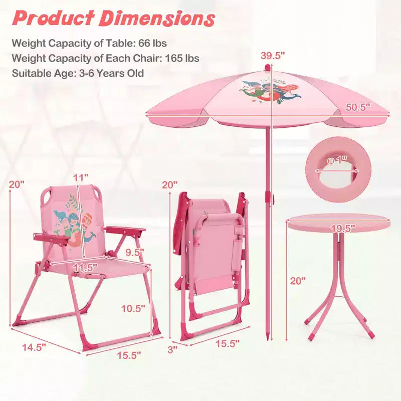 Mesa y Sillas de Picnic Infantiles Costway con 2 Sillas Plegables y Sombrilla de Altura Ajustable Marrón/Verde/Rosa