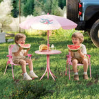 Mesa y Sillas de Picnic Infantiles Costway con 2 Sillas Plegables y Sombrilla de Altura Ajustable Marrón/Verde/Rosa