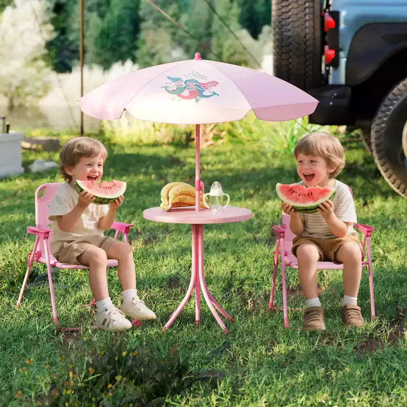 Mesa y Sillas de Picnic Infantiles Costway con 2 Sillas Plegables y Sombrilla de Altura Ajustable Marrón/Verde/Rosa