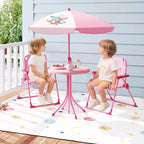 Mesa y Sillas de Picnic Infantiles Costway con 2 Sillas Plegables y Sombrilla de Altura Ajustable Marrón/Verde/Rosa