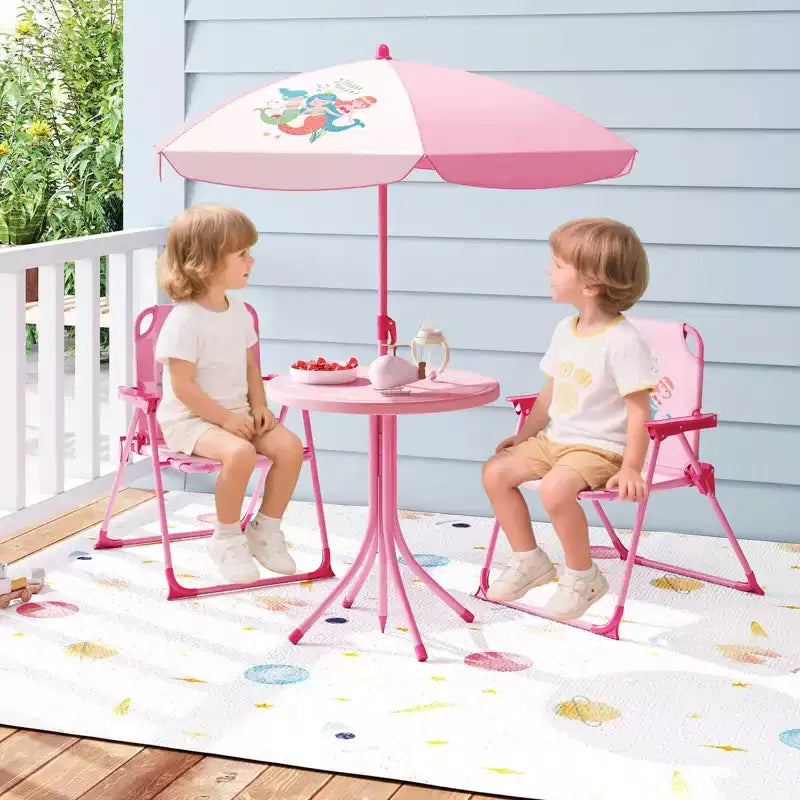 Mesa y Sillas de Picnic Infantiles Costway con 2 Sillas Plegables y Sombrilla de Altura Ajustable Marrón/Verde/Rosa