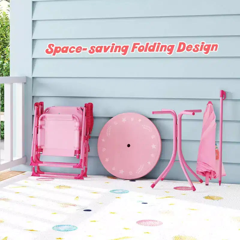 Mesa y Sillas de Picnic Infantiles Costway con 2 Sillas Plegables y Sombrilla de Altura Ajustable Marrón/Verde/Rosa
