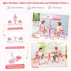 Mesa y Sillas de Picnic Infantiles Costway con 2 Sillas Plegables y Sombrilla de Altura Ajustable Marrón/Verde/Rosa