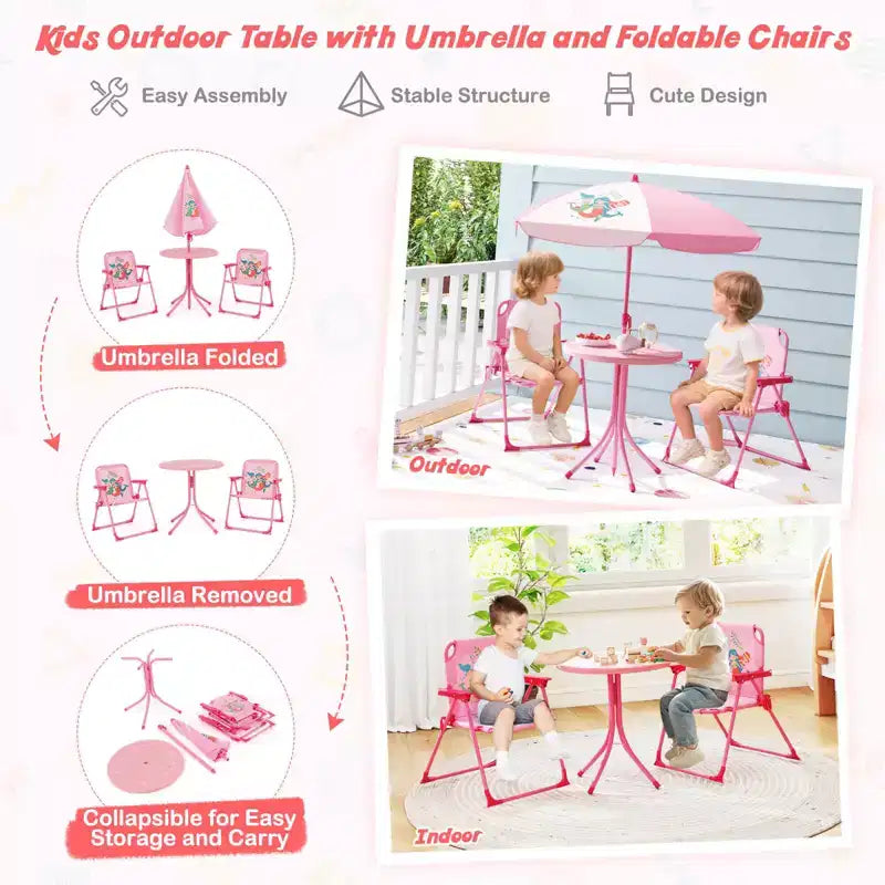 Mesa y Sillas de Picnic Infantiles Costway con 2 Sillas Plegables y Sombrilla de Altura Ajustable Marrón/Verde/Rosa