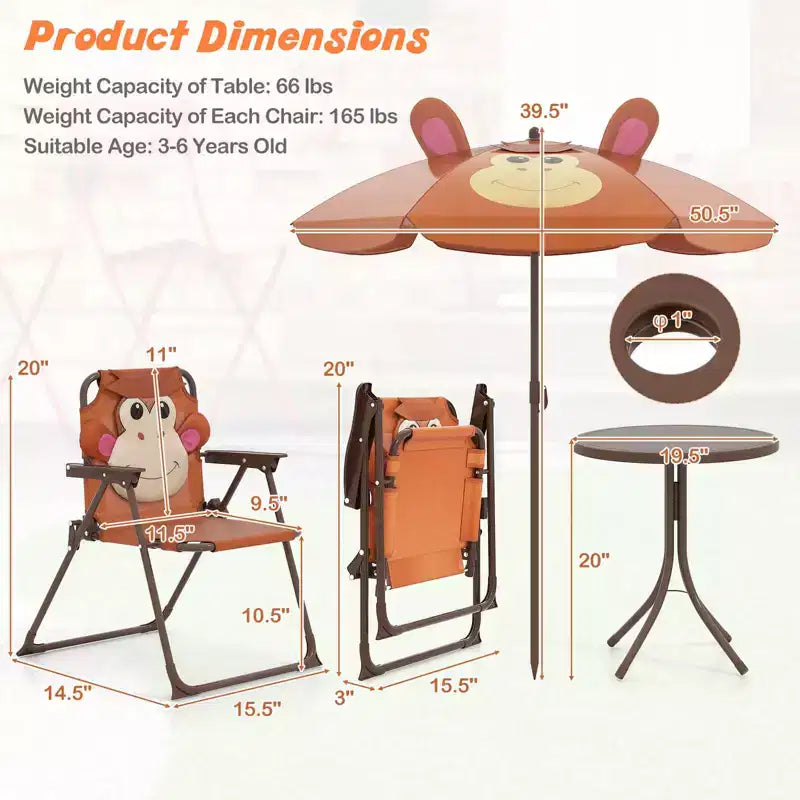 Mesa y Sillas de Picnic Infantiles Costway con 2 Sillas Plegables y Sombrilla de Altura Ajustable Marrón/Verde/Rosa