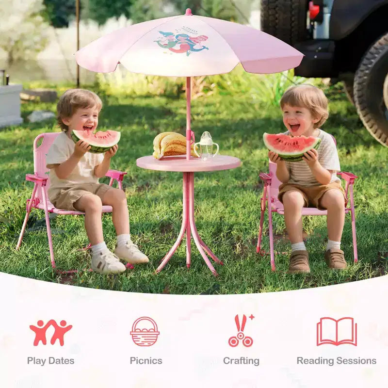 Mesa y Sillas de Picnic Infantiles Costway con 2 Sillas Plegables y Sombrilla de Altura Ajustable Marrón/Verde/Rosa