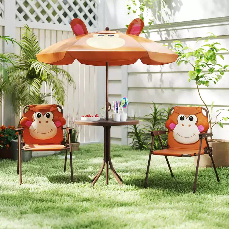Mesa y Sillas de Picnic Infantiles Costway con 2 Sillas Plegables y Sombrilla de Altura Ajustable Marrón/Verde/Rosa