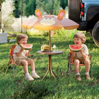 Mesa y Sillas de Picnic Infantiles Costway con 2 Sillas Plegables y Sombrilla de Altura Ajustable Marrón/Verde/Rosa