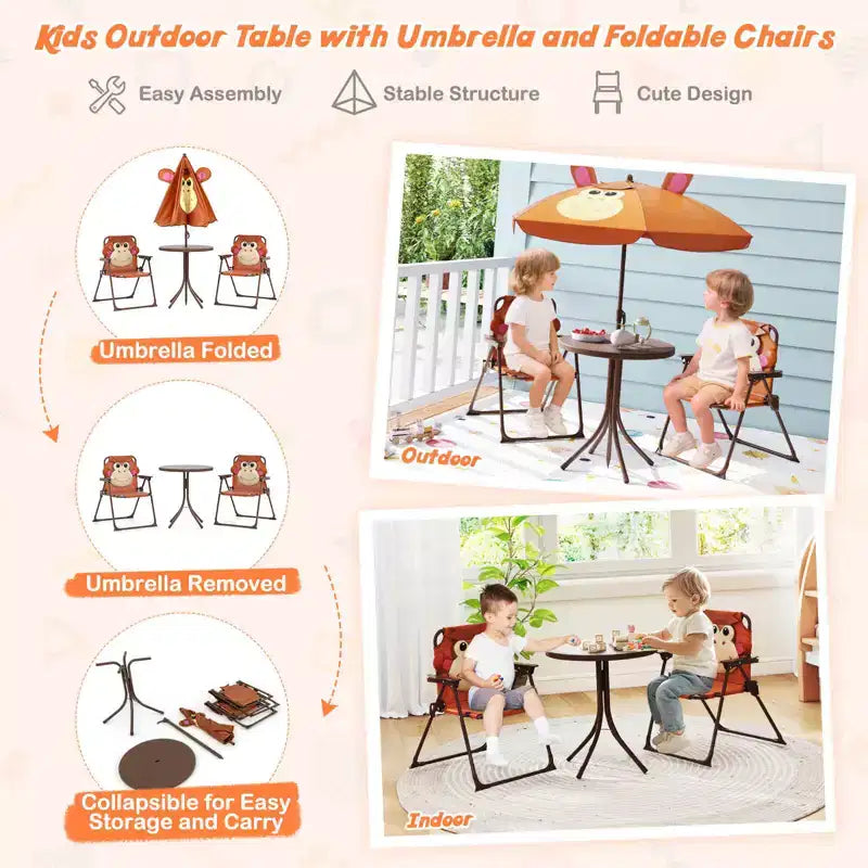 Mesa y Sillas de Picnic Infantiles Costway con 2 Sillas Plegables y Sombrilla de Altura Ajustable Marrón/Verde/Rosa