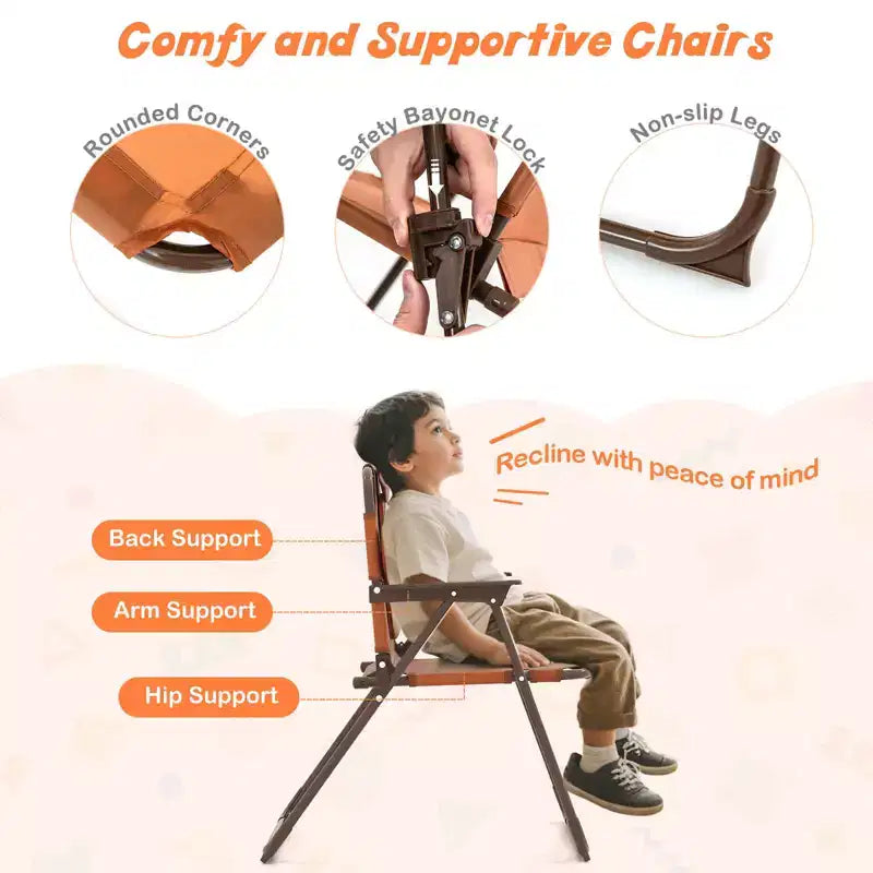 Mesa y Sillas de Picnic Infantiles Costway con 2 Sillas Plegables y Sombrilla de Altura Ajustable Marrón/Verde/Rosa