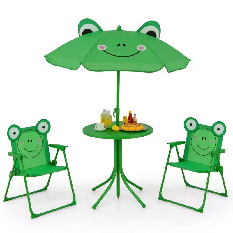 Mesa y Sillas de Picnic Infantiles Costway con 2 Sillas Plegables y Sombrilla de Altura Ajustable Marrón/Verde/Rosa