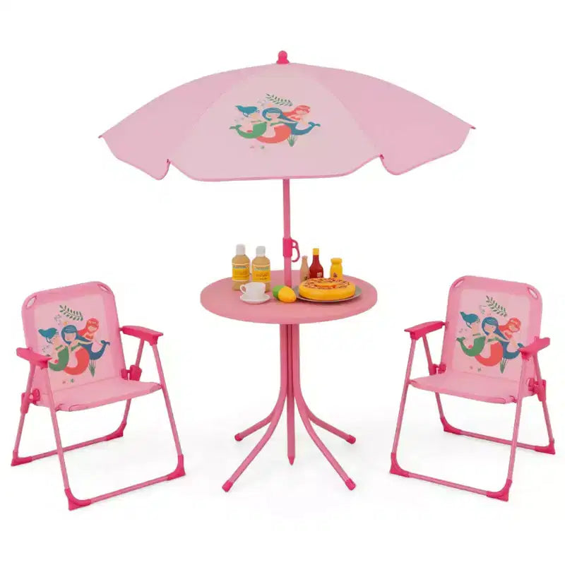 Mesa y Sillas de Picnic Infantiles Costway con 2 Sillas Plegables y Sombrilla de Altura Ajustable Marrón/Verde/Rosa