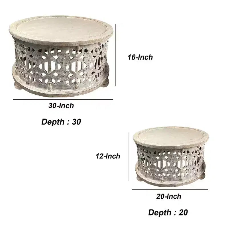 Juego de mesa de centro de madera redonda de 30 pulgadas Royal Hampton de 2 piezas, diseño floral tallado