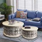 Juego de mesa de centro de madera redonda de 30 pulgadas Royal Hampton de 2 piezas, diseño floral tallado