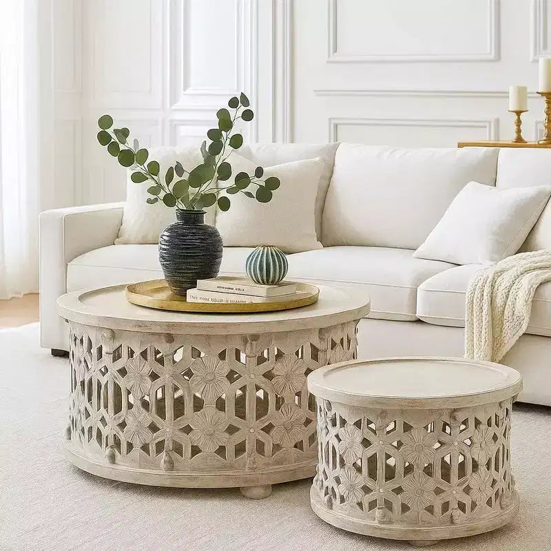 Juego de mesa de centro de madera redonda de 30 pulgadas Royal Hampton de 2 piezas, diseño floral tallado