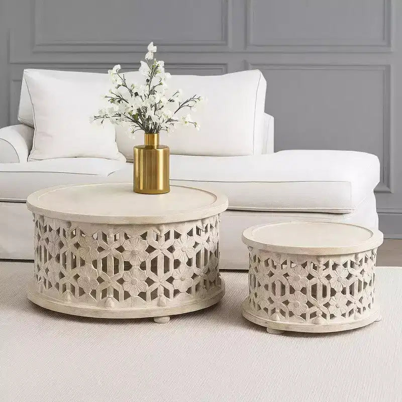 Juego de mesa de centro de madera redonda de 30 pulgadas Royal Hampton de 2 piezas, diseño floral tallado