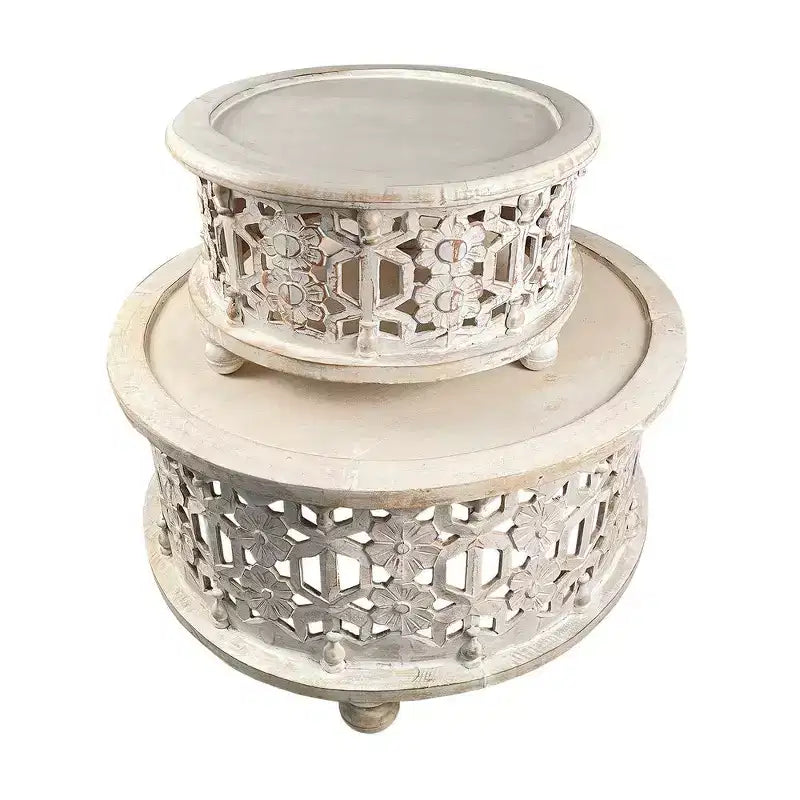 Juego de mesa de centro de madera redonda de 30 pulgadas Royal Hampton de 2 piezas, diseño floral tallado