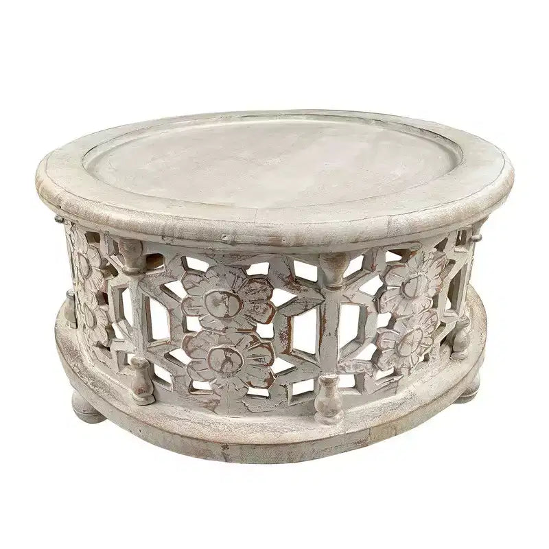 Juego de mesa de centro de madera redonda de 30 pulgadas Royal Hampton de 2 piezas, diseño floral tallado