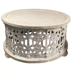 Juego de mesa de centro de madera redonda de 30 pulgadas Royal Hampton de 2 piezas, diseño floral tallado