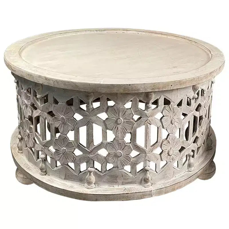 Juego de mesa de centro de madera redonda de 30 pulgadas Royal Hampton de 2 piezas, diseño floral tallado