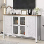 MAYEERTY Mueble para TV, centro de entretenimiento, consola multimedia con 3 espaciosas puertas de cristal, dispositivo antivuelco para sala de estar