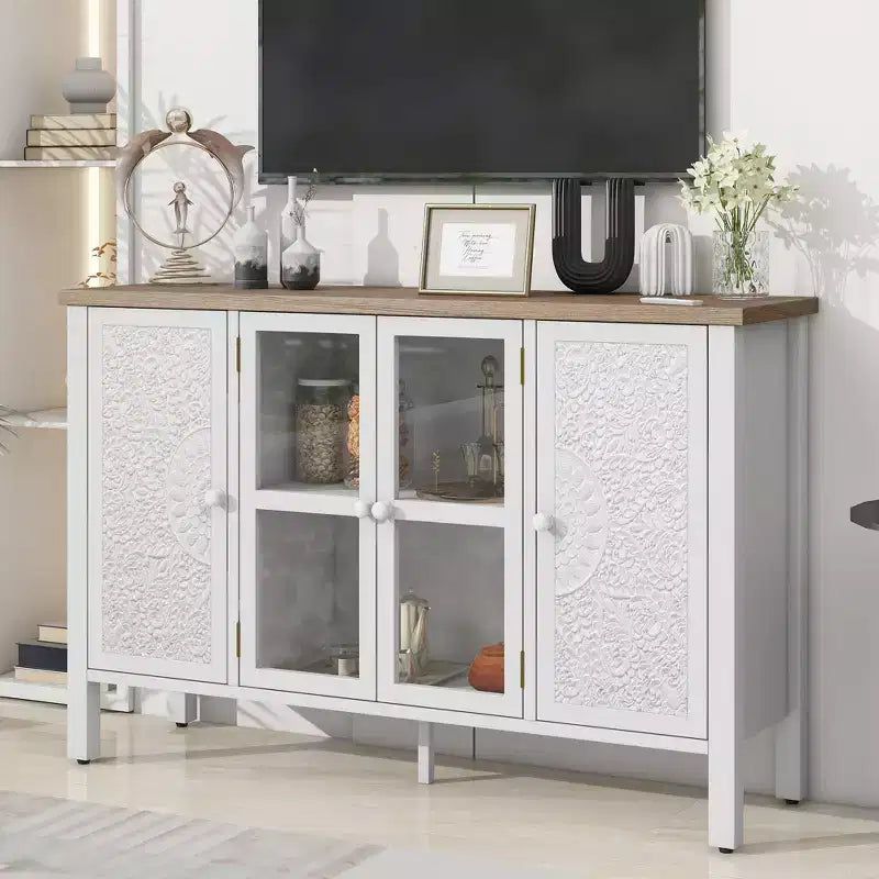 MAYEERTY Mueble para TV, centro de entretenimiento, consola multimedia con 3 espaciosas puertas de cristal, dispositivo antivuelco para sala de estar