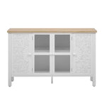 MAYEERTY Mueble para TV, centro de entretenimiento, consola multimedia con 3 espaciosas puertas de cristal, dispositivo antivuelco para sala de estar