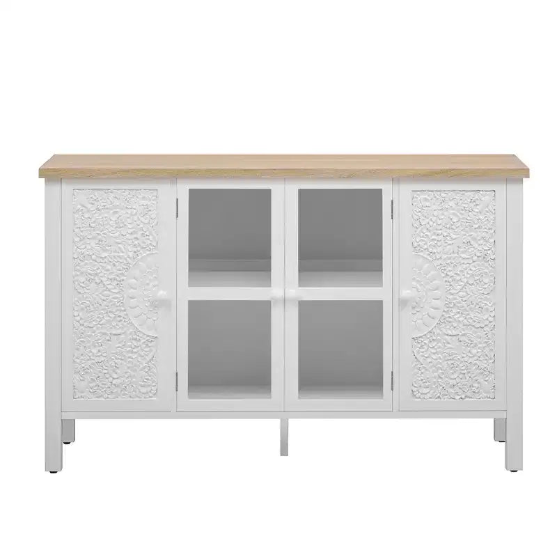 MAYEERTY Mueble para TV, centro de entretenimiento, consola multimedia con 3 espaciosas puertas de cristal, dispositivo antivuelco para sala de estar