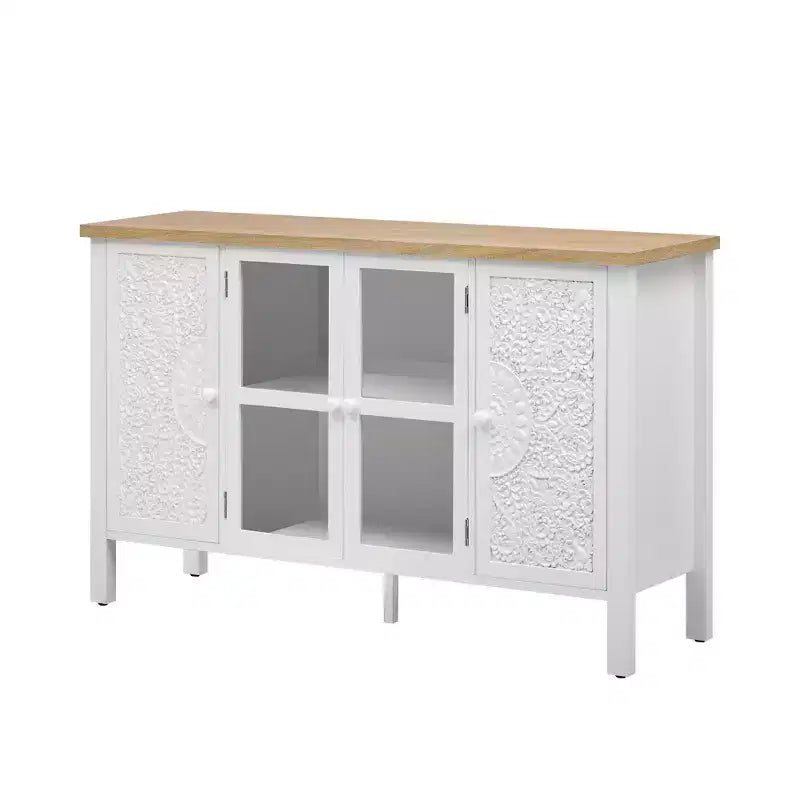 MAYEERTY Mueble para TV, centro de entretenimiento, consola multimedia con 3 espaciosas puertas de cristal, dispositivo antivuelco para sala de estar