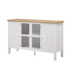 MAYEERTY Mueble para TV, centro de entretenimiento, consola multimedia con 3 espaciosas puertas de cristal, dispositivo antivuelco para sala de estar