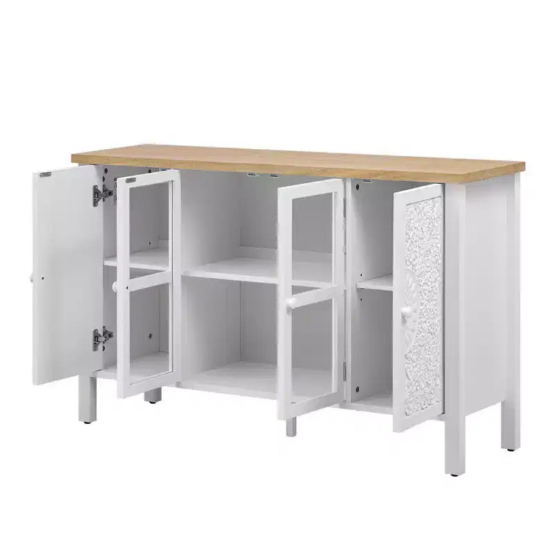 MAYEERTY Mueble para TV, centro de entretenimiento, consola multimedia con 3 espaciosas puertas de cristal, dispositivo antivuelco para sala de estar