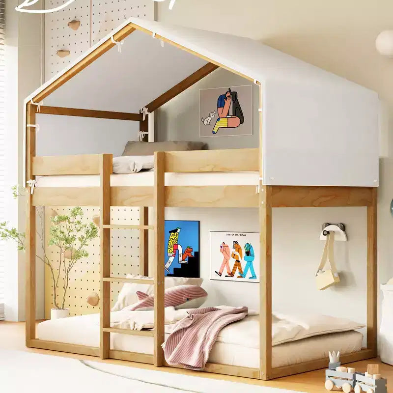 CLIHOME Litera de madera rústica doble sobre doble con tienda de campaña y escalera
