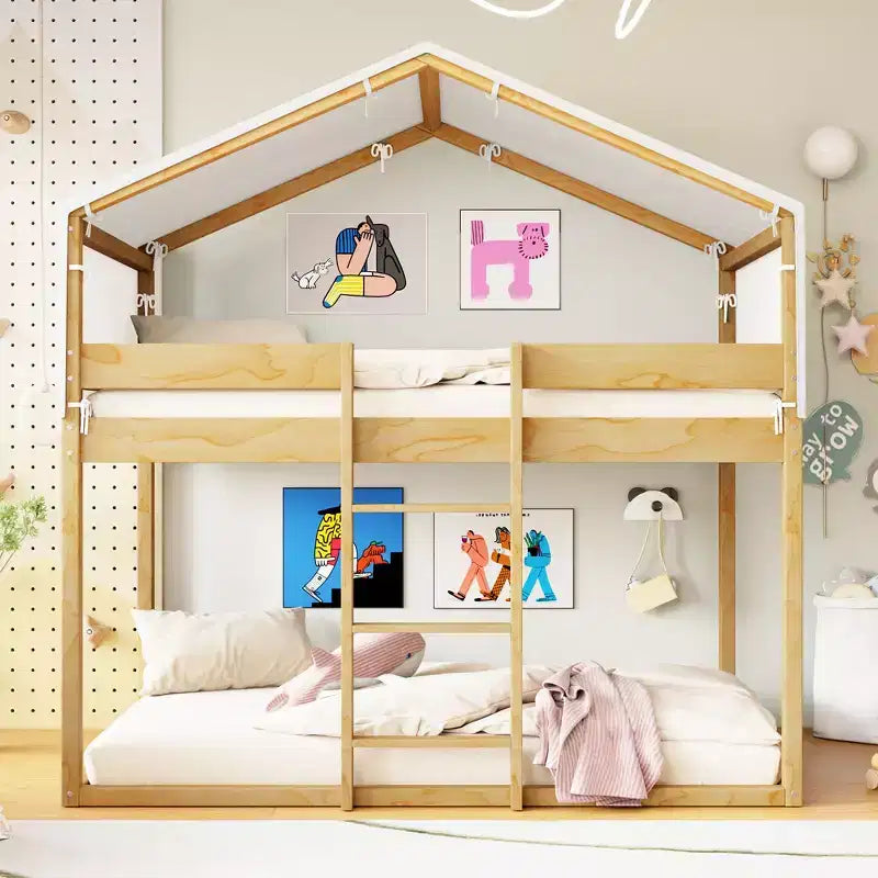 CLIHOME Litera de madera rústica doble sobre doble con tienda de campaña y escalera